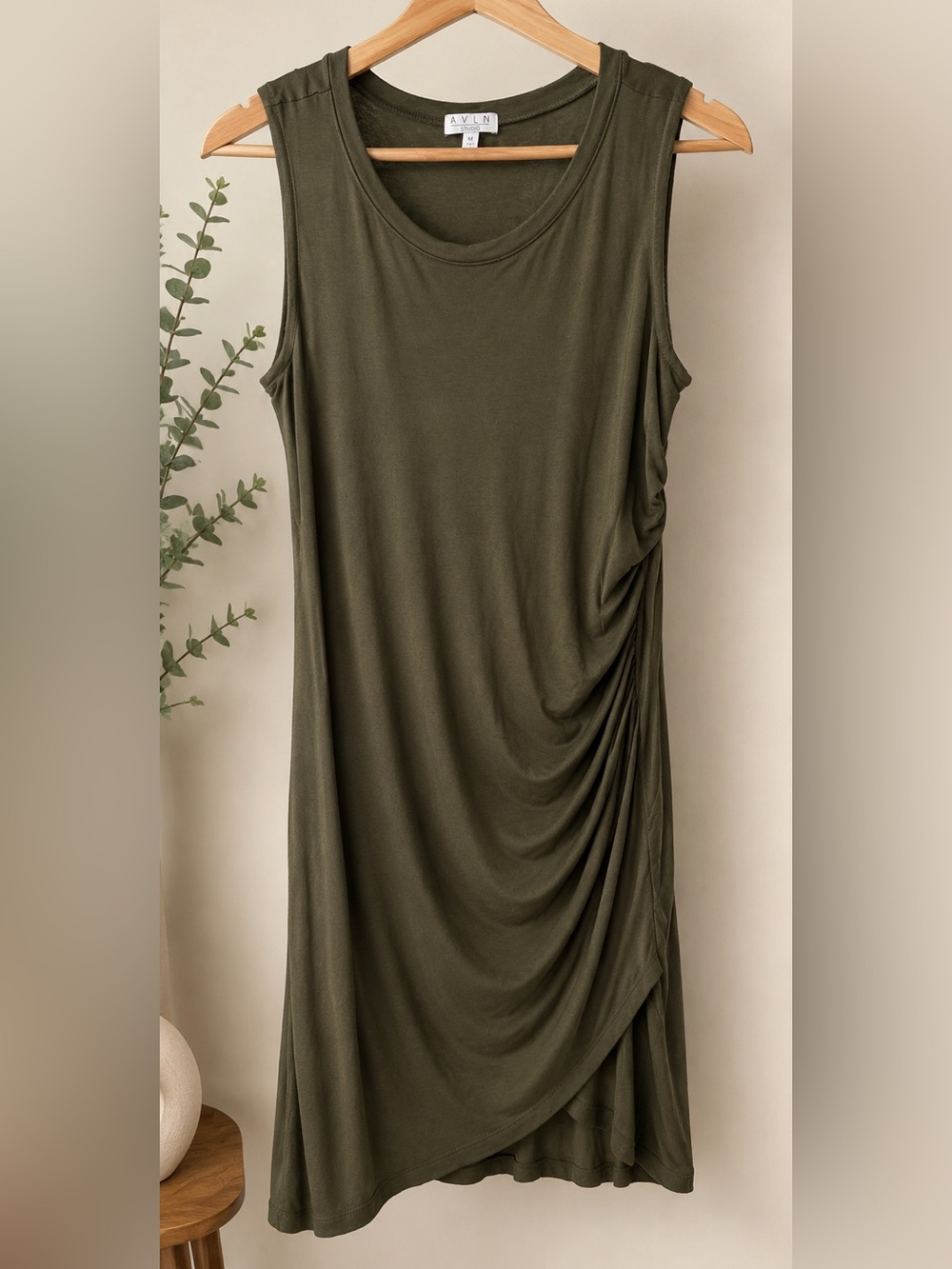 AVLN Studio Olive Green Ruched Bodycon Midi Dress Sleeveless Stretch Size Medium